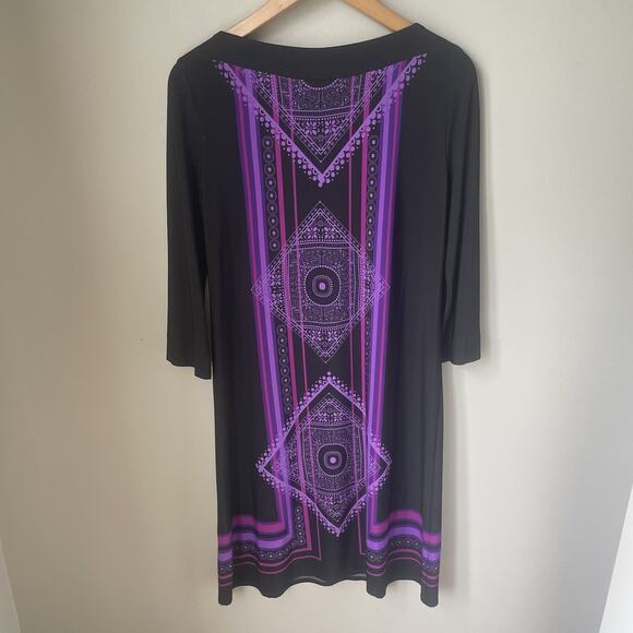 London Times Womens Size 10 Dress Purple Design Black 3/4 Sleeve Great Condition - Picture 3 of 6